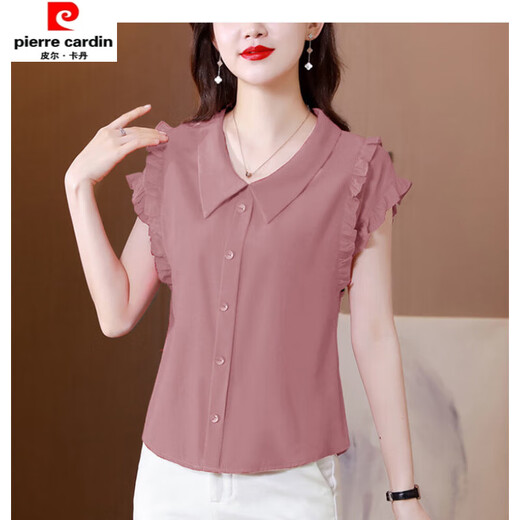 皮尔卡丹（pierre cardin）雪纺无袖上衣洋气t恤女娃娃领衬衫短袖百搭雪纺遮肚子 6218减龄皮粉色 M 【建议100斤以内】