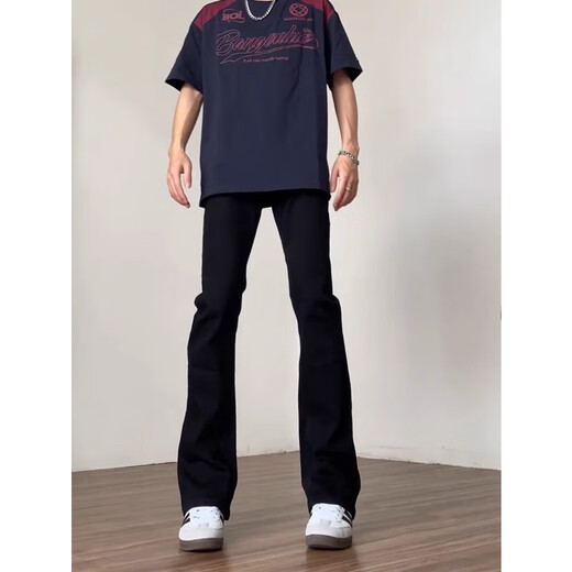 Poum American High Street Micro Flare Jeans Herren Frühling 2025 Sommer Trendy Lose gerade Hosen Männer Black Casual Hosen Männer DFFS-701 Black M (Empfohlen 95-110Jin [Jin gleich 0,5 kg])