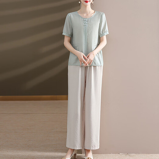 Die 50-jährige Frau von Jiangong trägt temperamentvolle Damen-Sommerkleidung, zierlichen Anzug, zweiteiliges Mode-Oberteil, Taillenschlankheitsanzug im westlichen Stil, 9435, hellgrüner Anzug, XL, empfohlen 90–105. Jin Jin entspricht 0,5 kg