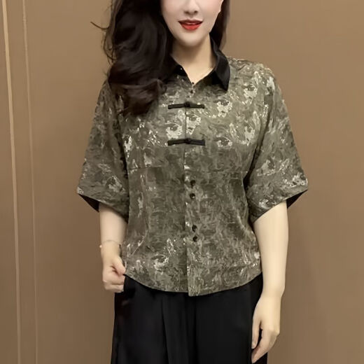 瓷袖广东普宁衬衫女2025新款中老年洋气中国风印花polo领中年妈妈夏季 银色-6636 L 建议95-105斤