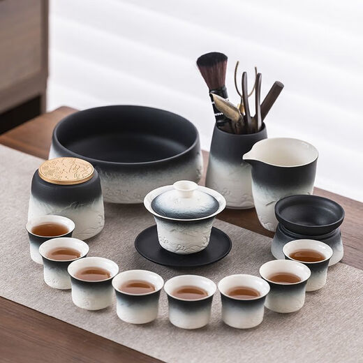 XMSJ轻奢粗陶功夫茶具套装家用泡茶器办公会客盖碗茶壶侧把壶茶 12023山海盖碗+提梁8杯组合
