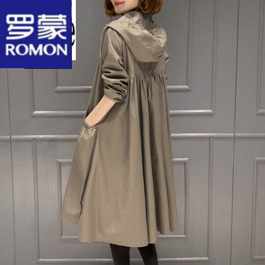 ROMON (ROMON) light luxury women's hooded windbreaker for women 2024 spring and autumn new Korean casual women's mid-length over-knee jacket for women with lilac caramel color XL Recommended 120-135 Jin [Jin equals 0.5 kg]