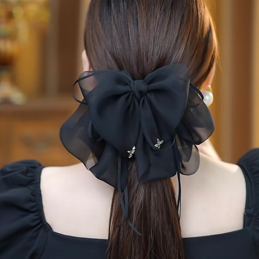 Princess Xiang's bow tie streamer ponytail clip for women's back half-tied hair clip style shark clip Hepburn hair clip headdress black mesh bow clip