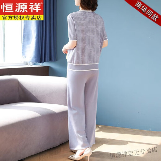 恒源祥母亲礼物新款妈妈夏装套装洋气短袖冰丝t恤中老年女装针织两件套 9923藏青色 M (建议85-105斤)