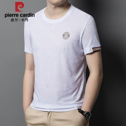 皮尔卡丹2025夏季新款提花透气桑蚕丝t恤男士短袖圆领休闲百搭半袖上衣男 白色829 XL 175码【135-150斤】
