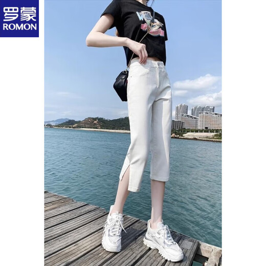 Romon (Romon) Ice Seide Baumwolle und Leinengeschnittene Hosen für Frauen Sommer-Denim-Saison 2025 Neue hohe Taille, um ein kleines und fettes Mädchen mit Big Slit 6189 Blue XL zu machen, empfohlen 115-130jin [Jin gleich 0,5 kg]