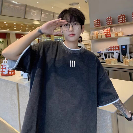 Xingsuyao (xingsuyao) washing and old pure cotton short-sleeved T-shirt men's summer trendy brand casual loose American heavyweight T-shirt printed top [Hot sale] X1479-Black 4XL