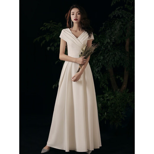 
Chuangjingyi chose white certificate registration engagement small evening dress for women's banquet adult ceremony French host satin birthday long white M