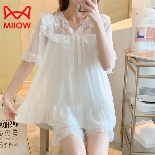 猫人（MiiOW）睡裙女夏天短袖花边性感白色网纱冰蚕丝睡衣连衣裙莫代尔蕾丝家居 E_W7373#短.袖网纱.裙 粉色 M 【建议85-105斤】