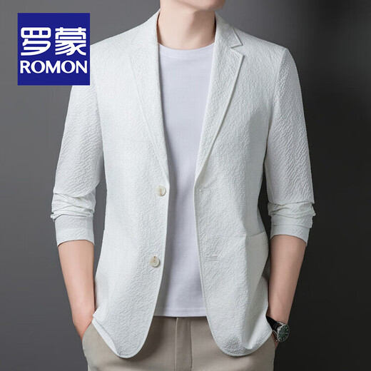 
ROMON bubble yarn suit men's spring and summer new solid color business casual single western jacket thin loose suit top blue XL 180