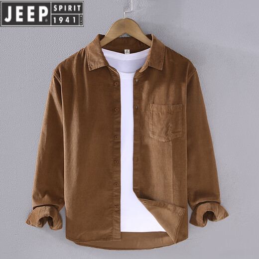 JEEP SPIRIT春季灯芯绒衬衫男长袖纯棉宽松薄款日系条绒感白休闲衬衣外套 抹茶绿【9716】 M