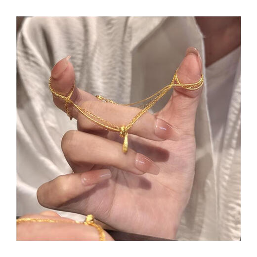 Feiyu retro Hong Kong style gold double layer water drop necklace exquisite fashion versatile high-end tassel clavicle chain pendant for women double layer water drop necklace