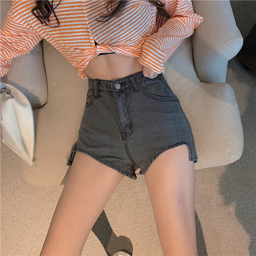 荣西图（RONGXITU）高腰弹力牛仔短裤夏季新款不规则热裤潮 黑色 694 L