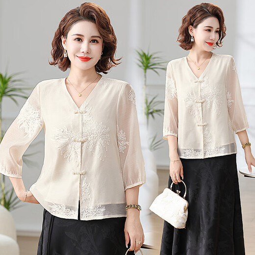 
Yu Zhaolin (YUZHAOLIN) Mother's Day Gift Mom Summer Clothing New Chinese Style Set of Pride Lady New Middle-aged and Elderly Top Chiffon Shirt 829 Beige Top XL Recommended 105 Jin [Jin equals 0.5 kg] or less