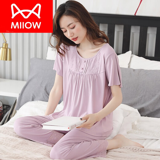 猫人（MiiOW）妈妈睡衣女夏季薄款短袖长裤莫代尔棉绸家居服夏天加肥加大码 X9224 L 【建议100-120斤】