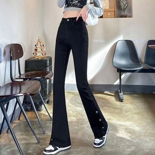 
S.SOFEA slit bell-bottom pants make you look slim and high waist design horseshoe pants small autumn new style black [1098] micro-flat trousers S