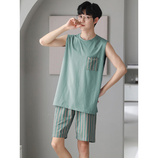 LangSha pajamas men's summer cotton silk vest sleeveless shorts loose plus large size casual style thin home clothing set NJR-LX12027 blue striped pants round neck pullover 2XL [Please contact customer service size]