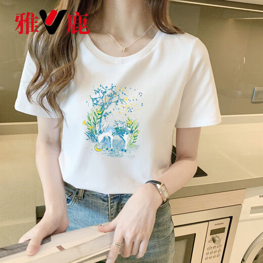 Yalu official summer 2025 new pure cotton white t-shirt women's short-sleeved loose temperament student versatile right shoulder body 9793 white short-sleeved 2XL (recommended 135-150Jin Jin equals 0.5 kg)