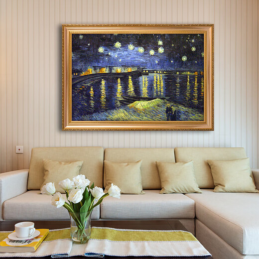 梵高世界名画临摹 罗纳尔河的星夜 凡高手绘印象派抽象画 692金实木框 80X60