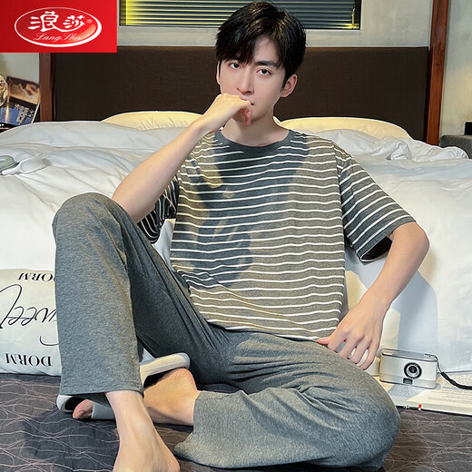 Langsha 2024 new summer pajamas men's short-sleeved long trousers thin modal cotton young and middle-aged men can wear student home clothes outside AGF2677 short-long men L [100-120Jin [Jin equals 0.5 kg]]