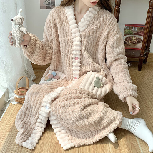 FHHUABD coral velvet nightgown for women Spring and Autumn 2024 new cute thickened flannel home clothes pajamas for women Autumn and Winter 761# M women L (suggested height 160-165c, weight 1