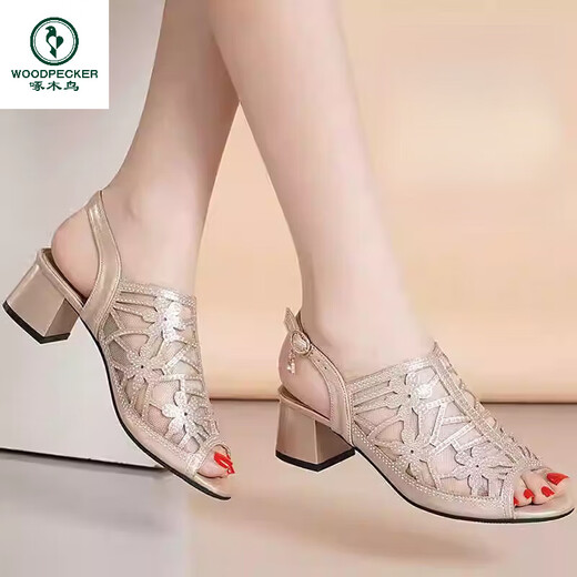 Pecker Mesh Fish Beak Chaussures talons épais Sandales creux pour les femmes Stérome pour la femme à la mode et polyvalente Solide High Talons Hingestone Leather Chaussures pour femmes Champagne Couleur 35