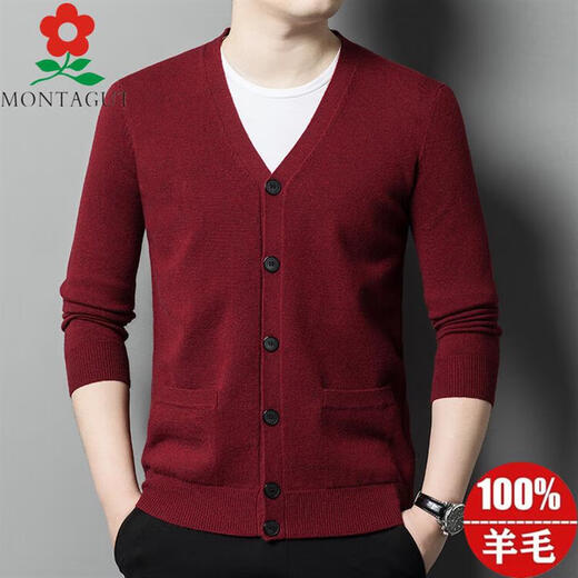 梦特娇（MONTAGUT）爸爸男装羊毛开衫男士秋冬季纯色100%羊毛针织外套 上青 M 165/M 100120斤
