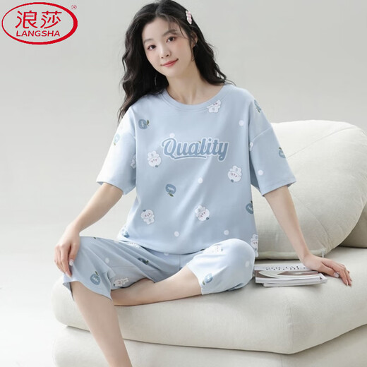 浪莎（LangSha）睡衣女夏季薄款短袖七分裤2025年新款休闲舒适女士家居服两件套装 7029# L 【推荐95-115斤】