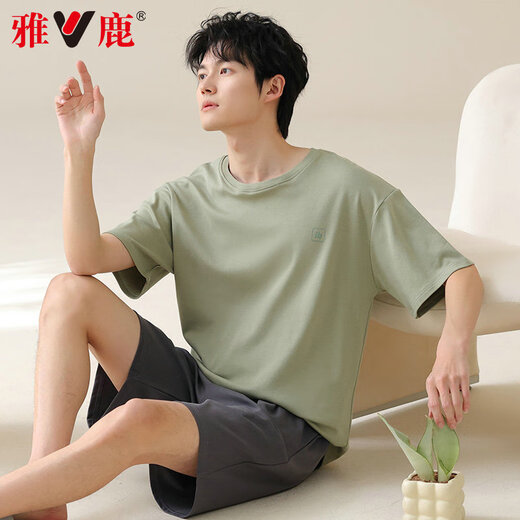 雅鹿男士睡衣男纯棉夏季薄款短袖全棉可外穿休闲大码男生家居服套装 42M13601 3XL 【推荐体重160-180斤】