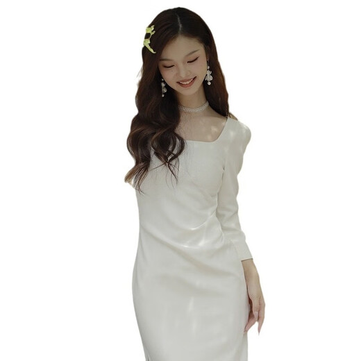 康美诗白色轻婚纱新娘法式方领短袖修身长款小白裙订婚结婚小礼服连衣裙 吊带版乳白色 XS