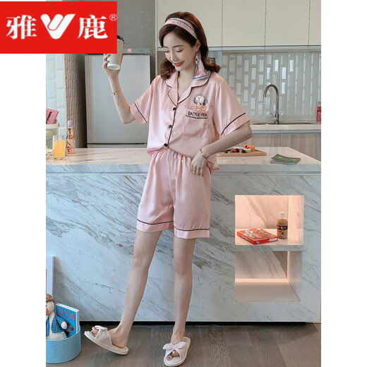雅鹿睡衣女冰丝短袖薄款家居服网红2024年新大码夏天套装 GN-双短 9207 M 建议80-100斤)