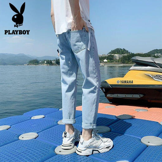 花花公子（PLAYBOY）裤子男学生韩版潮流破洞牛仔裤男宽松直筒夏季薄款九分裤秋季男裤 679/破洞款c M 【收藏优先发货】
