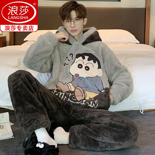 Langsha (langsha) men's pajamas men's coral velvet winter student cartoon loose winter flannel thickened plush home clothing set *ZS*9901 [Double-sided plush set] M small (75-95Jin [Jin equals 0.5 kg])
