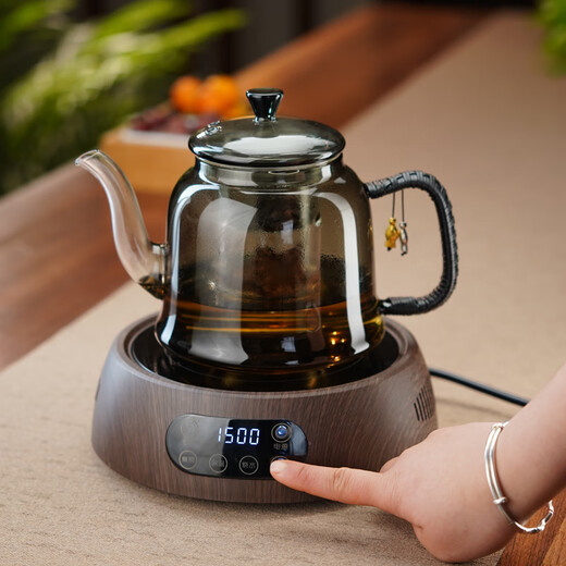 Full heat-resistant glass cooking one-piece lifting kettle tea kettle electric ceramic stove tea set around the stove to make tea household kung fu tea set ink Pisces kettle gray + Kangmi wood grain ceramic stove