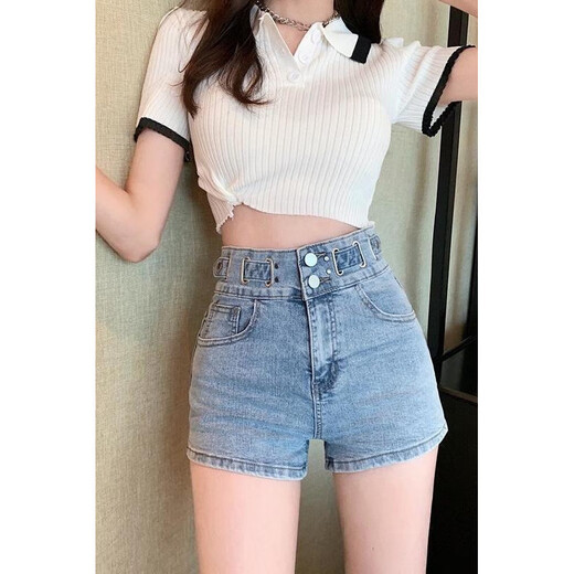 
S.SOFEA Korean style slimming wide-leg denim shorts for women in summer new casual loose letter hot pants black [high quality] 6195 S