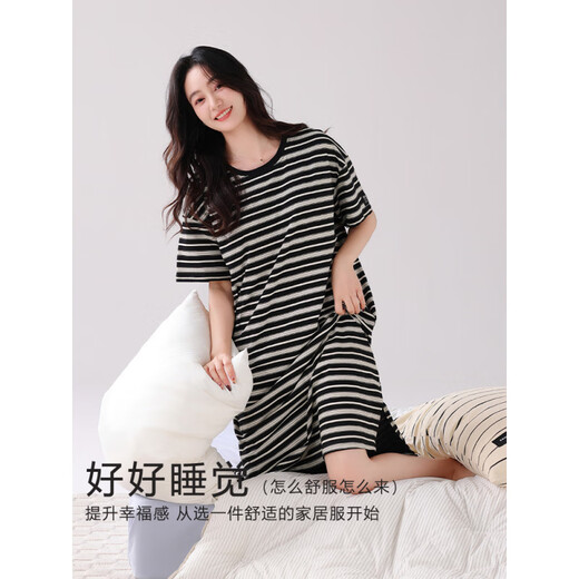 浪莎（LangSha）2025年新款睡裙女款夏季带胸垫连衣裙夏天条纹大码可外穿家居服 14108B M [柔软亲肤舒适]