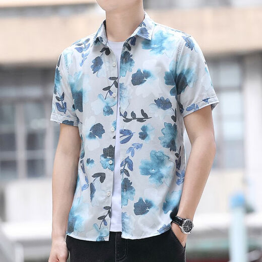 皮尔卡丹（pierre cardin）夏季新款印花短袖衬衫男士潮牌潮流休闲商务衬衣修身帅气男装寸衫 ZY829蓝色 M  【90-105斤】