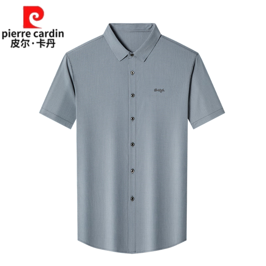 皮尔卡丹（pierre cardin）品牌2025夏季新款男士条纹短袖衬衫高端100%桑蚕丝商务休闲衬衣男 ZC2603款-深灰 L 170 【适合体重115-130斤】