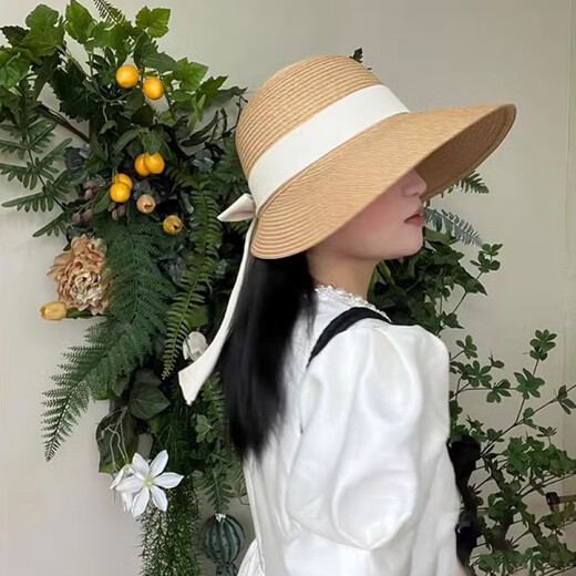St. Frassa französischer Bogenstrohhut Frauen Sommersonne Sonnenschutz Sonnenhut Stroh gewebt Große Rand Sonnenhut Fischerhut Outdoor Strand Khaki (Reisstreamer) M (56-58 cm)