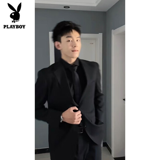 Playboy men's black shoulder pad suit jacket men's spring and autumn style handsome outfit casual suit youth jacket black (front shoulder style) 3XL