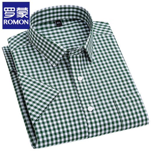 ROMON 100% pure cotton men's plaid short-sleeved shirt for middle-aged and young casual cotton thin plus size half-sleeved shirt F983 green and white small plaid 44 [170-185Jin[Jin equals 0.5 kg]]