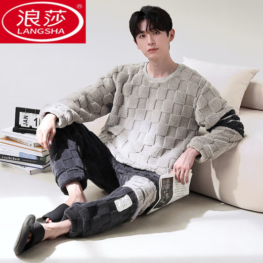 浪莎（LangSha）珊瑚绒睡衣男冬季加厚加绒秋冬款长袖法兰绒男孩青少年家居服套装 RK:12014#男 L (100-130斤)