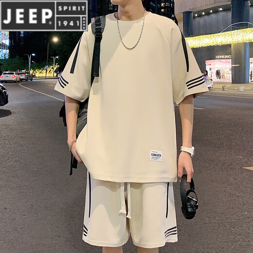 JEEP SPIRIT休闲运动套装男夏季新款宽松冰丝短袖t恤男士短裤搭配帅气一整套 FKS653白色套装 M 约90-110斤可穿