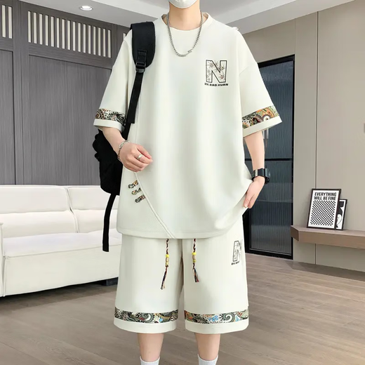 E.TOX凌越男装店2025夏季大码休闲运动套装男士百搭两件套 白色(YYW6195) 2XL (150-170斤)