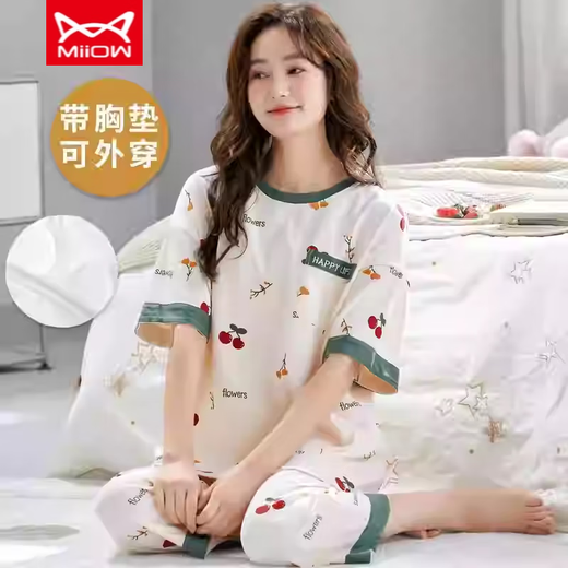 Catman Miiow Pyjamas mit Brustpolster für Frauen im Sommer süße große Größe Dünne, kurzärschige, geschnittene Hosen Frühling und Herbstanzug Frühling und Sommerkleidung kurzärmelige Kumpelhose [mit Brustpolster] 679m Bär M.