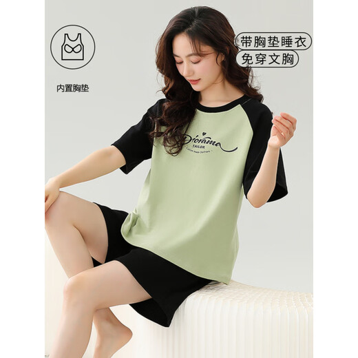 莫代尔带胸垫一体纯棉睡衣女夏款短袖短裤韩版甜美加大码夏天家居服套装 带胸垫短袖套装-G1047 M 女【建议80-100斤】