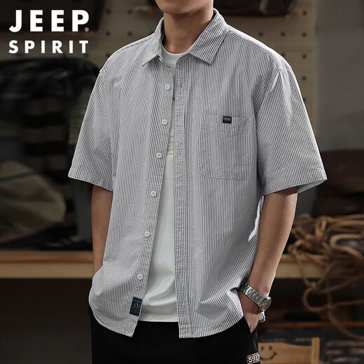 JEEP SPIRIT Jeep striped short-sleeved shirt men's summer American retro loose casual cotton shirt gray 2XL