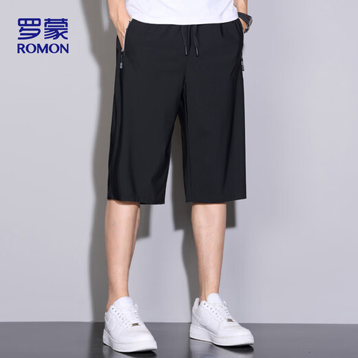 罗蒙（ROMON）运动短裤男夏季透气薄款宽松休闲跑步沙滩裤七分裤ZH9877黑色M
