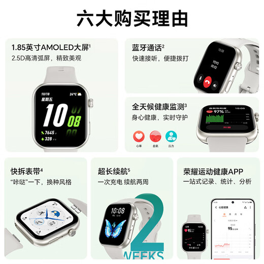 荣耀亲选ROSSINI智能手表2i原装蓝牙通话AMOLED大屏1.85英寸watch运动全天候健康监测学生男女新款腕带 智能手表2i-幻夜黑-硅胶【七仓发】