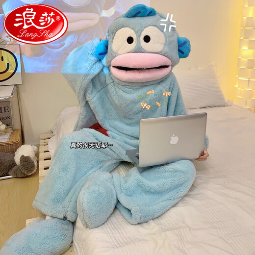 浪莎（langsha）汉顿丑鱼连体睡衣女珊瑚绒加厚保暖秋冬季卡通搞怪情侣睡袍长款男 (无鞋子)B702 M (下单送运费险)